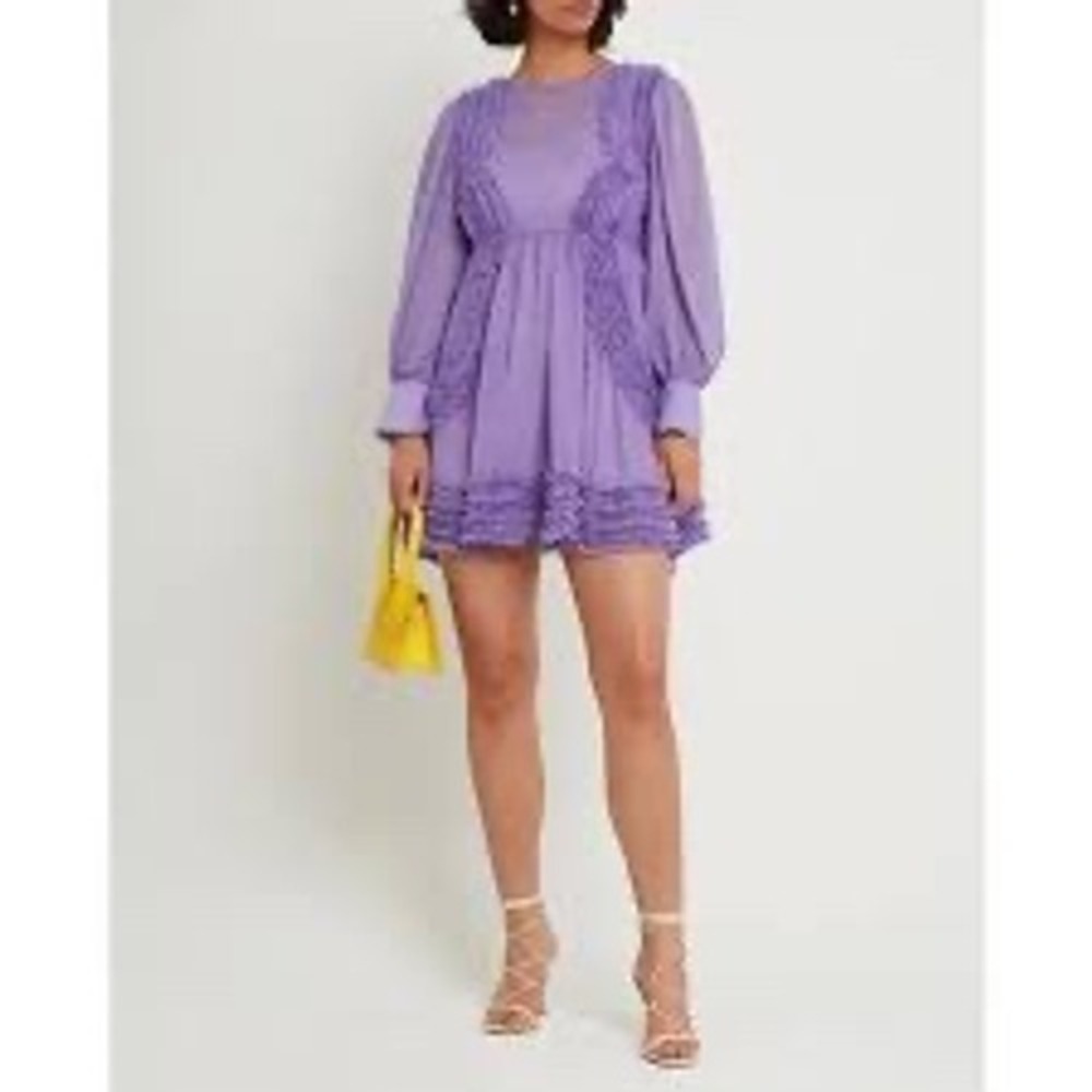 O.P.T. Purple Ruffle Sheer Puff Sleeve Babydoll Mini Dress Women's Size SMALL